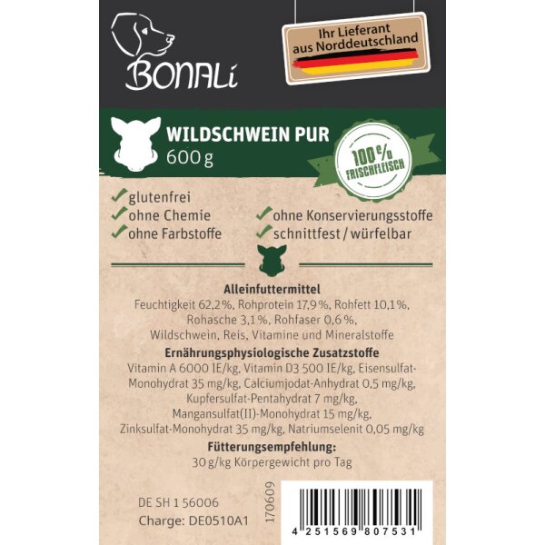 portionierbare Hundewurst Wildschwein pur 600g